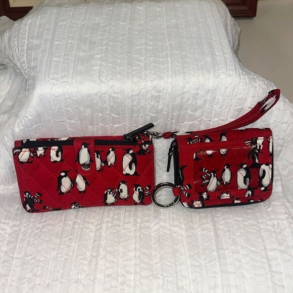 Vera Bradley Red Black White Gray Playful Penguins Wristlet & Small Wallet Set - Picture 1 of 16